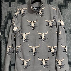 Powder River Gray Bull Print Women's Zip Up Sweater